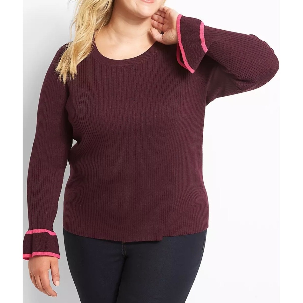 Lane Bryant Burgundy Ribbed Bell Sleeve Sweater Plus Size 26 28
